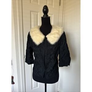 Vintage Original Black Ribbon Jacket With White Mink Fur Collar S/M